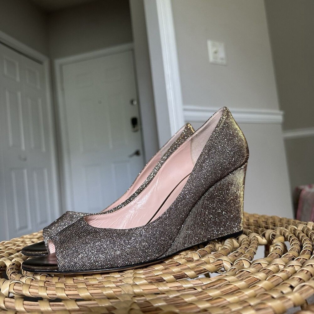 Kate Spade Peep Toe Bronze Metallic Wedge Heel Size 9 Shimmer Sandal Shoes
